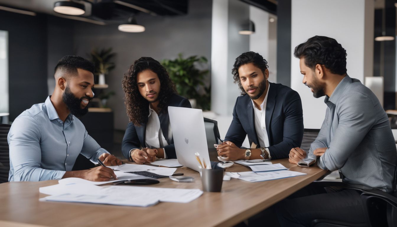 A diverse group of professionals discussing real estate plans in an office.