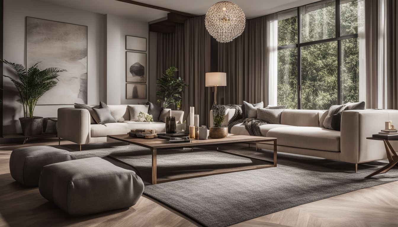 A beautifully staged living room with modern furniture and decor.