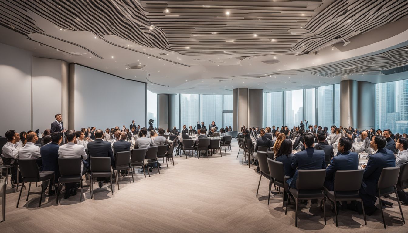 A conference hall filled with real estate agents in professional attire.