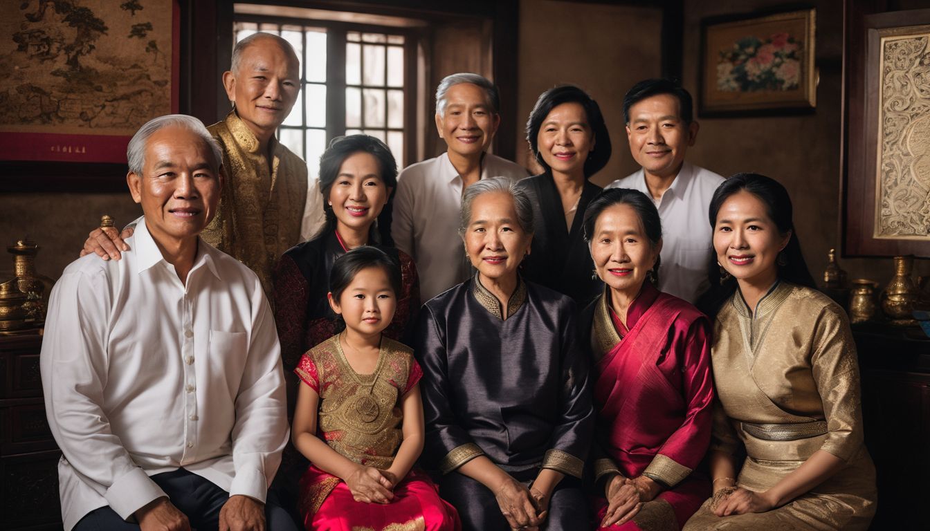 A multi-generational Vietnamese family gathers in a traditional home.