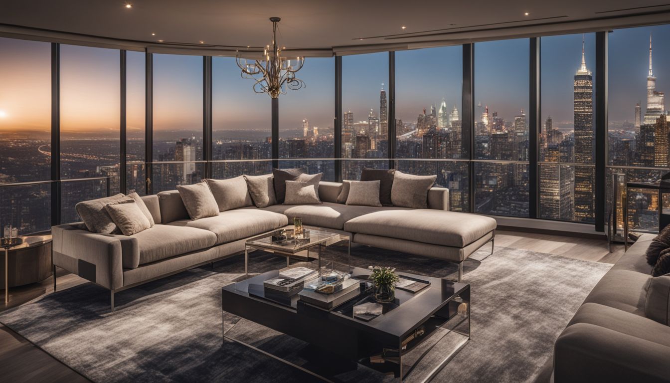 A photo of a luxurious penthouse with a panoramic city view.