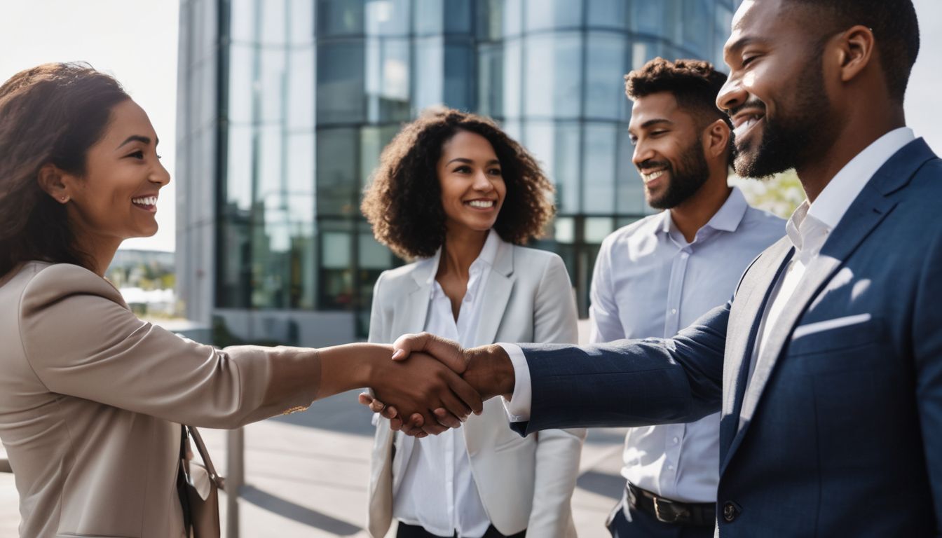 A real estate agent shakes hands with diverse clients in front of modern office building.