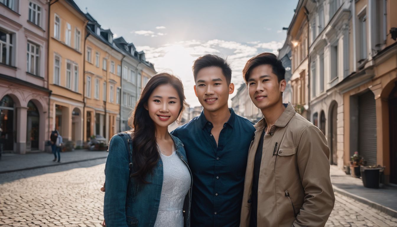 Vietnamese family poses in front of their new investment property in Poland.