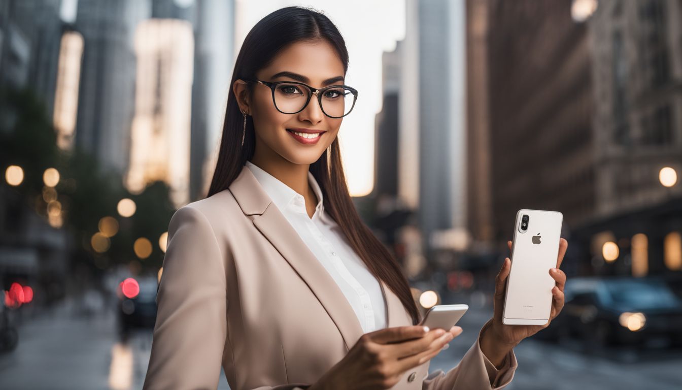 A real estate agent holding a smartphone with a real estate app.