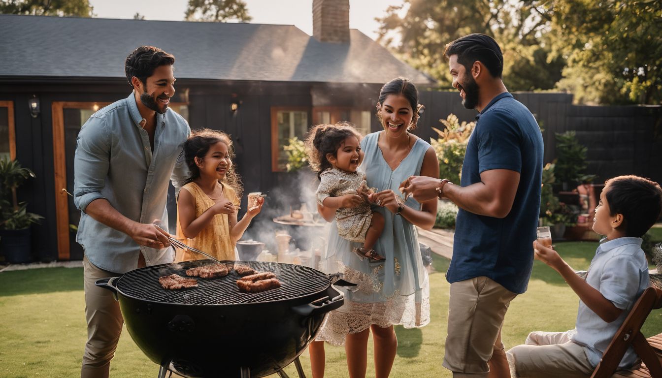 A diverse family enjoys a barbecue in their backyard.