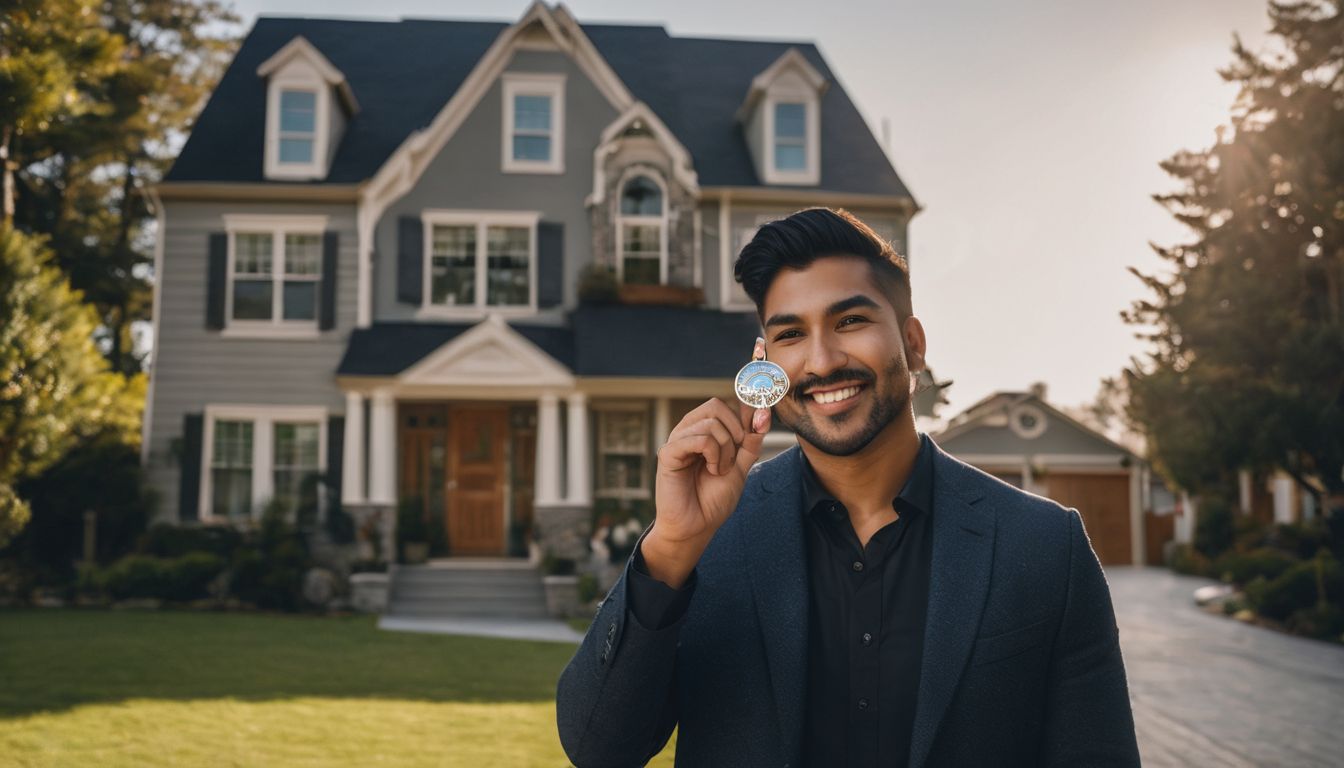 A person holding a house-shaped keychain in front of a house.