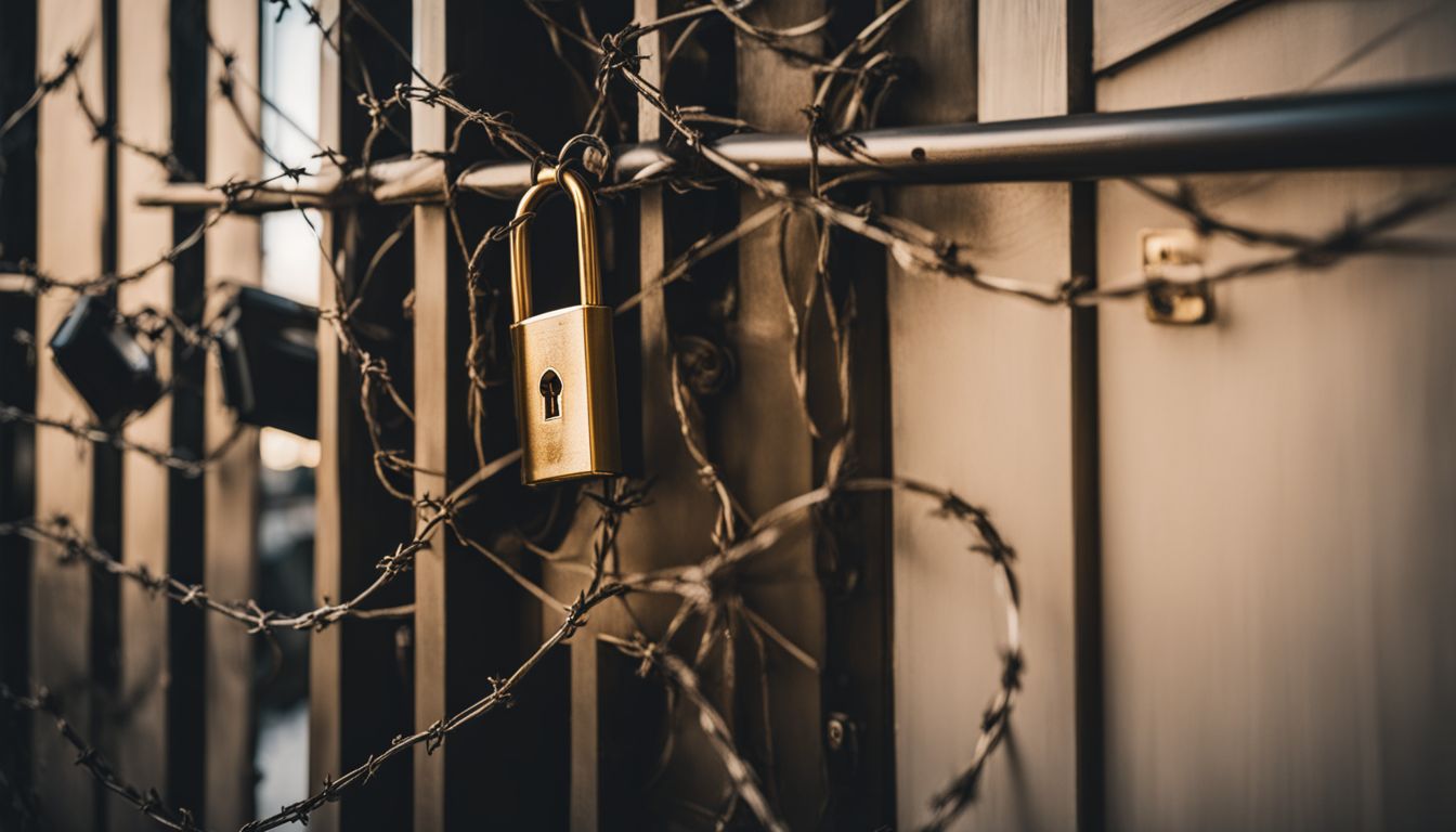 A heavily secured house door protected by a golden lock and security cameras.