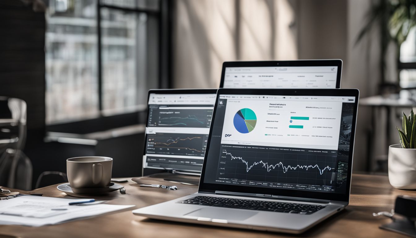 A laptop displaying a successful PPC campaign dashboard surrounded by charts and graphs.