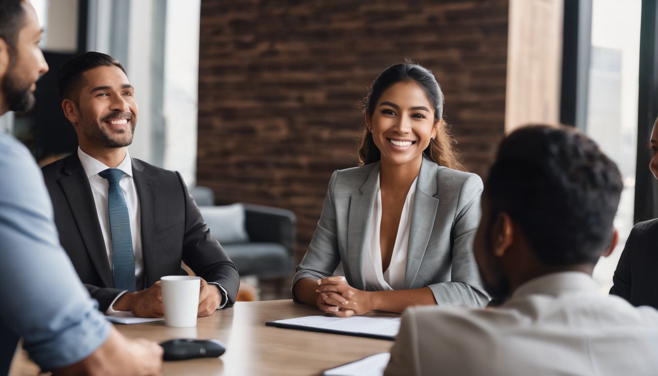 A smiling real estate agent presents to a diverse group of clients.