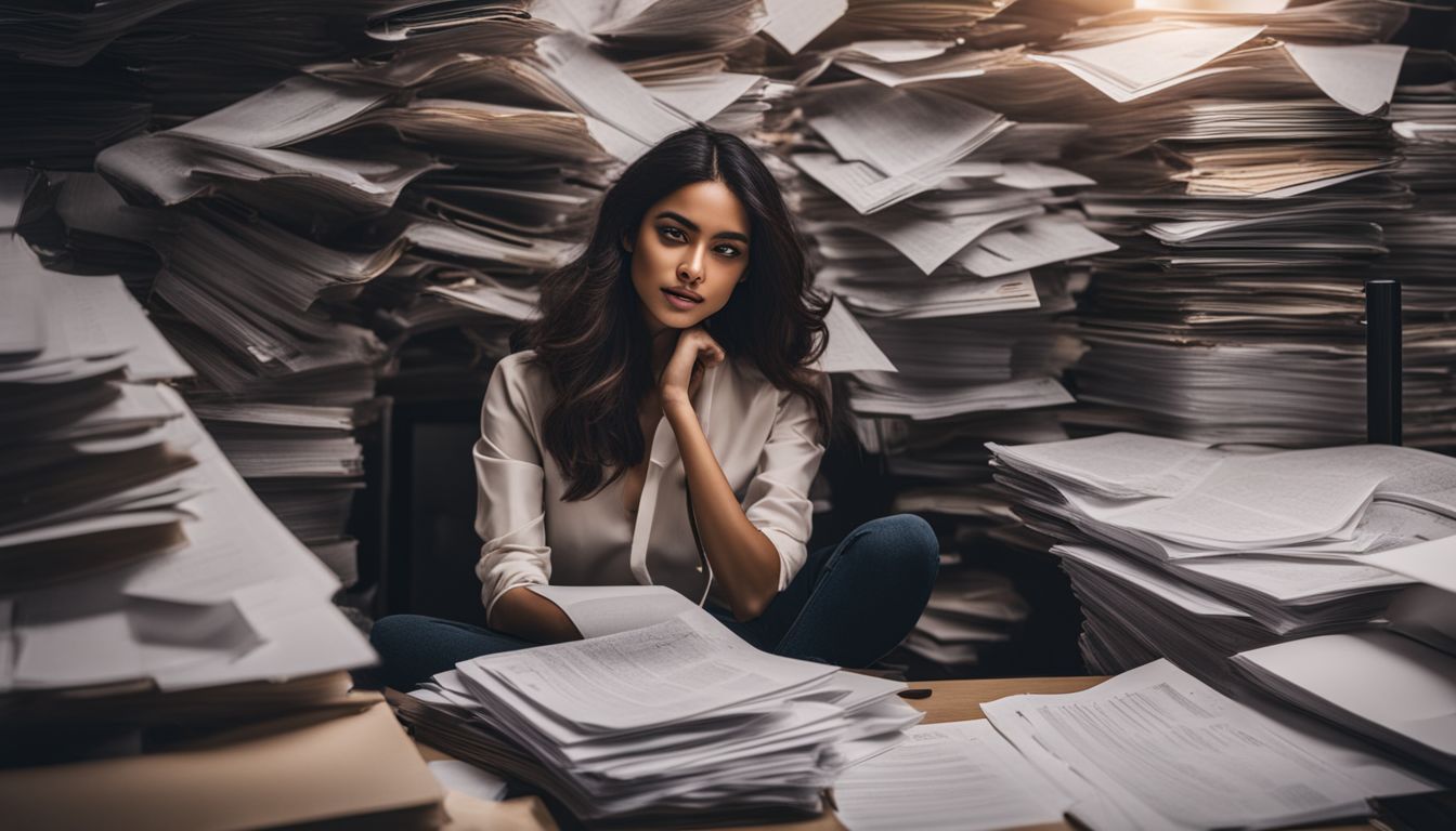 A person surrounded by a pile of documents in a busy office environment.