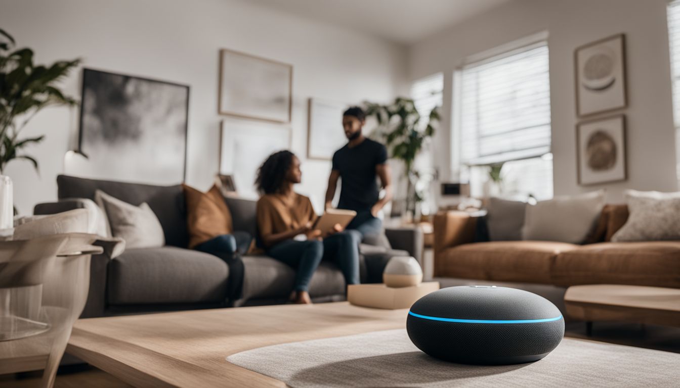 A modern living room showcasing various smart home devices and decor.