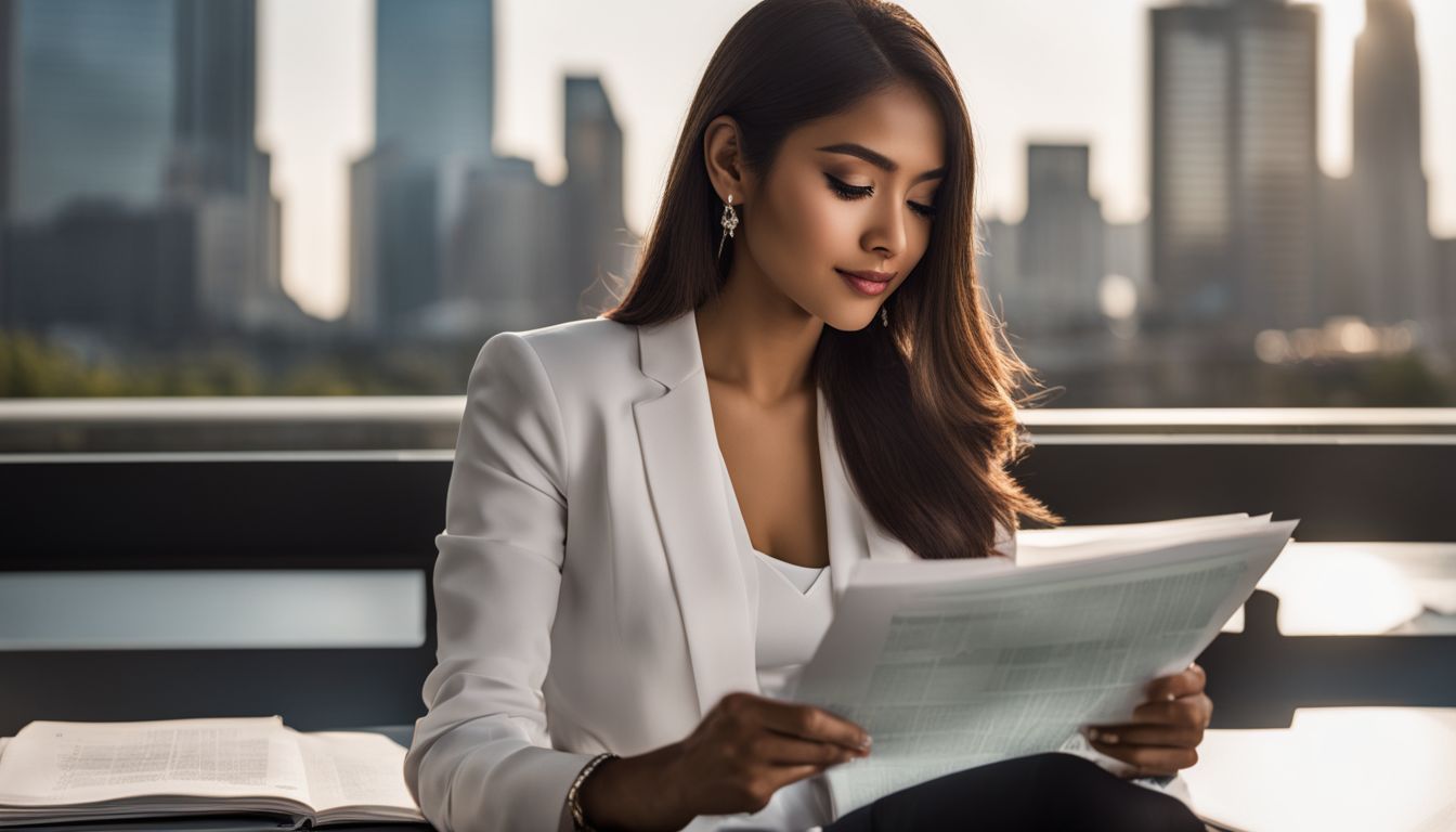 A businesswoman reads legal documents with a city skyline background.