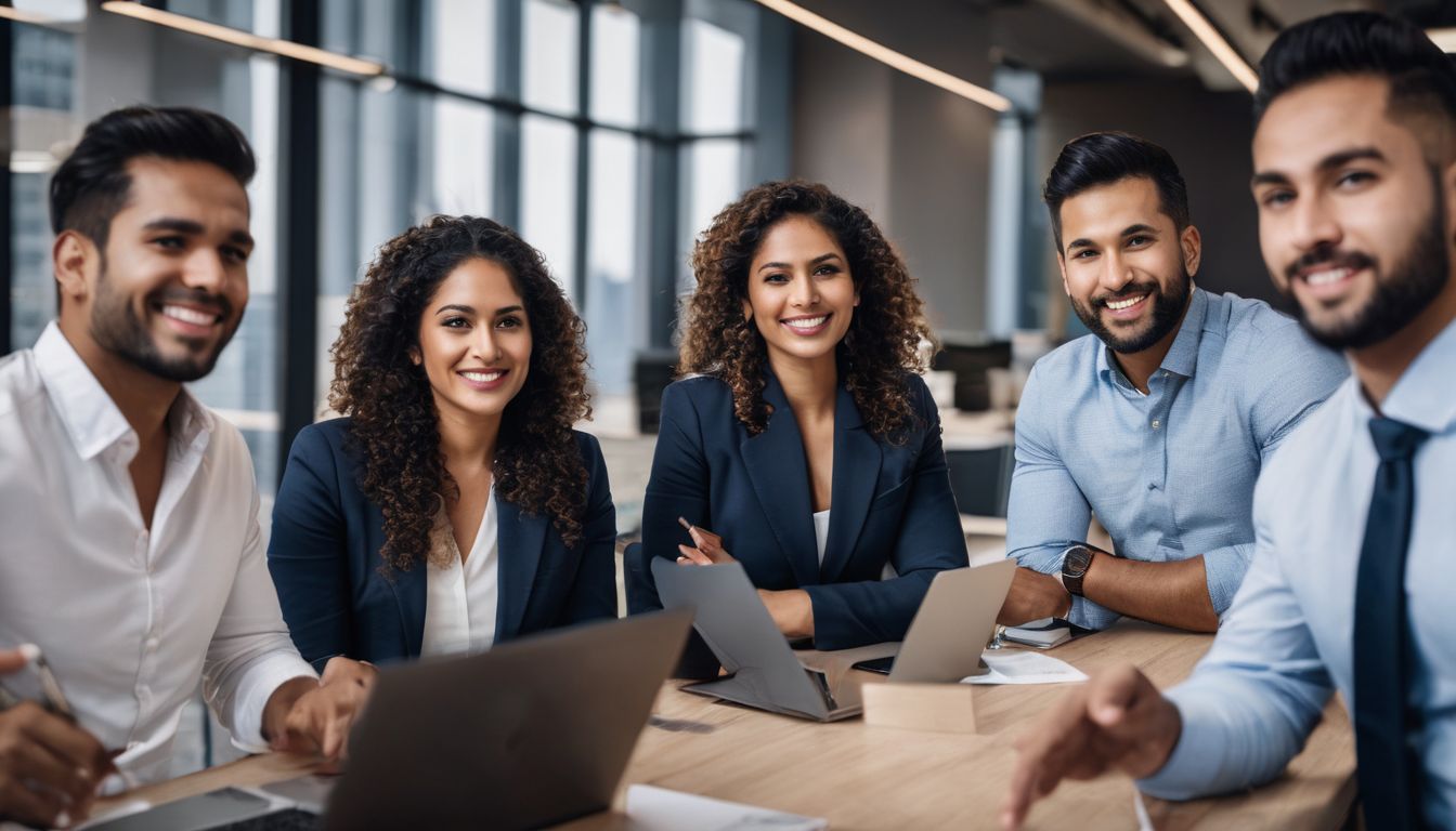 A diverse group of real estate agents in a modern office.