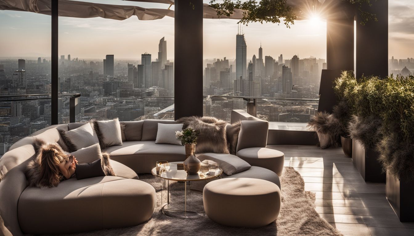 A luxurious outdoor terrace with a panoramic city skyline view.