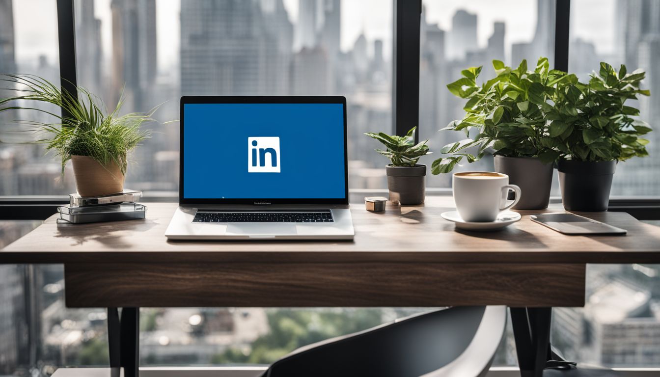 A modern office desk with various items and a LinkedIn logo.