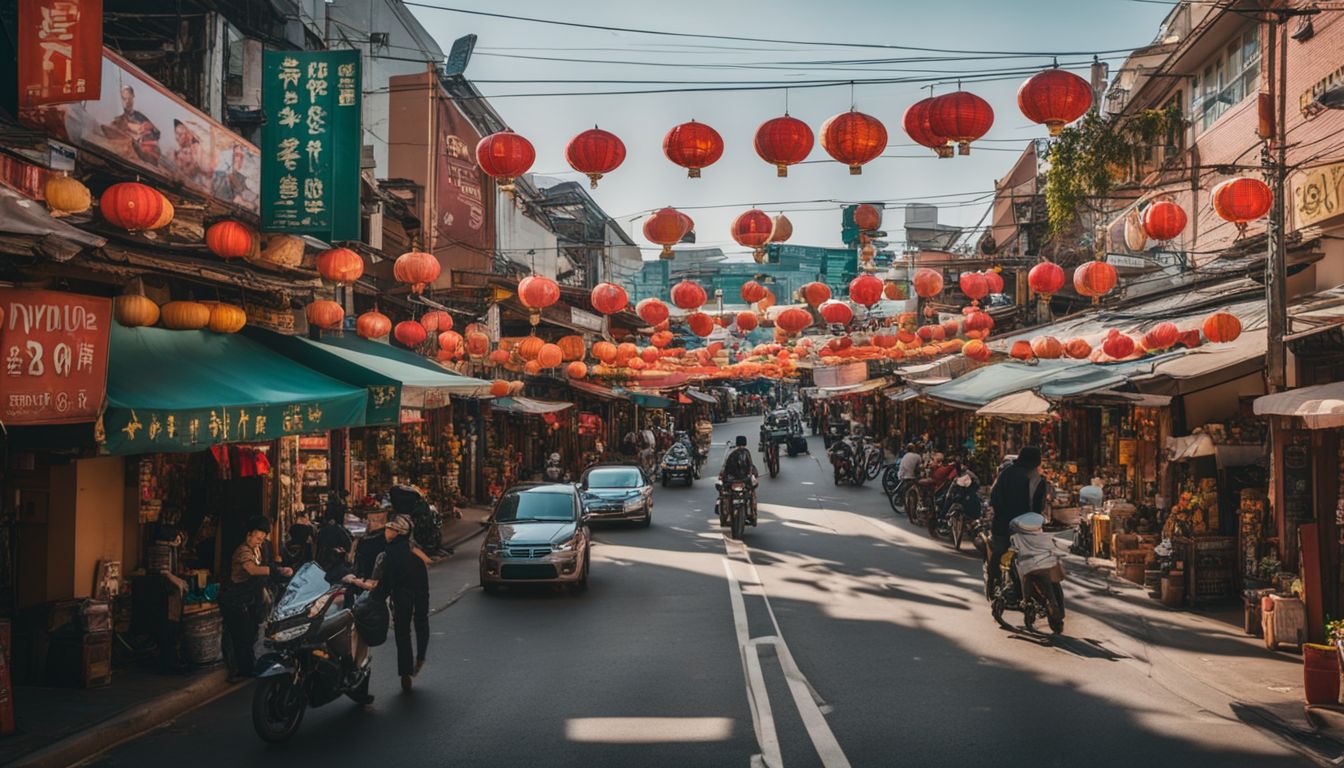 A vibrant street in Little Saigon, full of Vietnamese shops and cuisine.