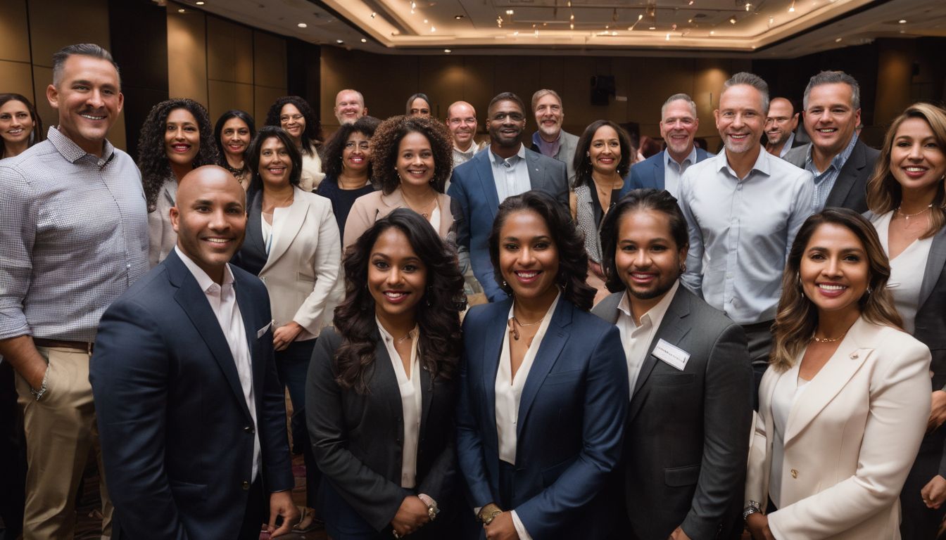 A diverse group of professionals networking at a Chamber of Commerce event.