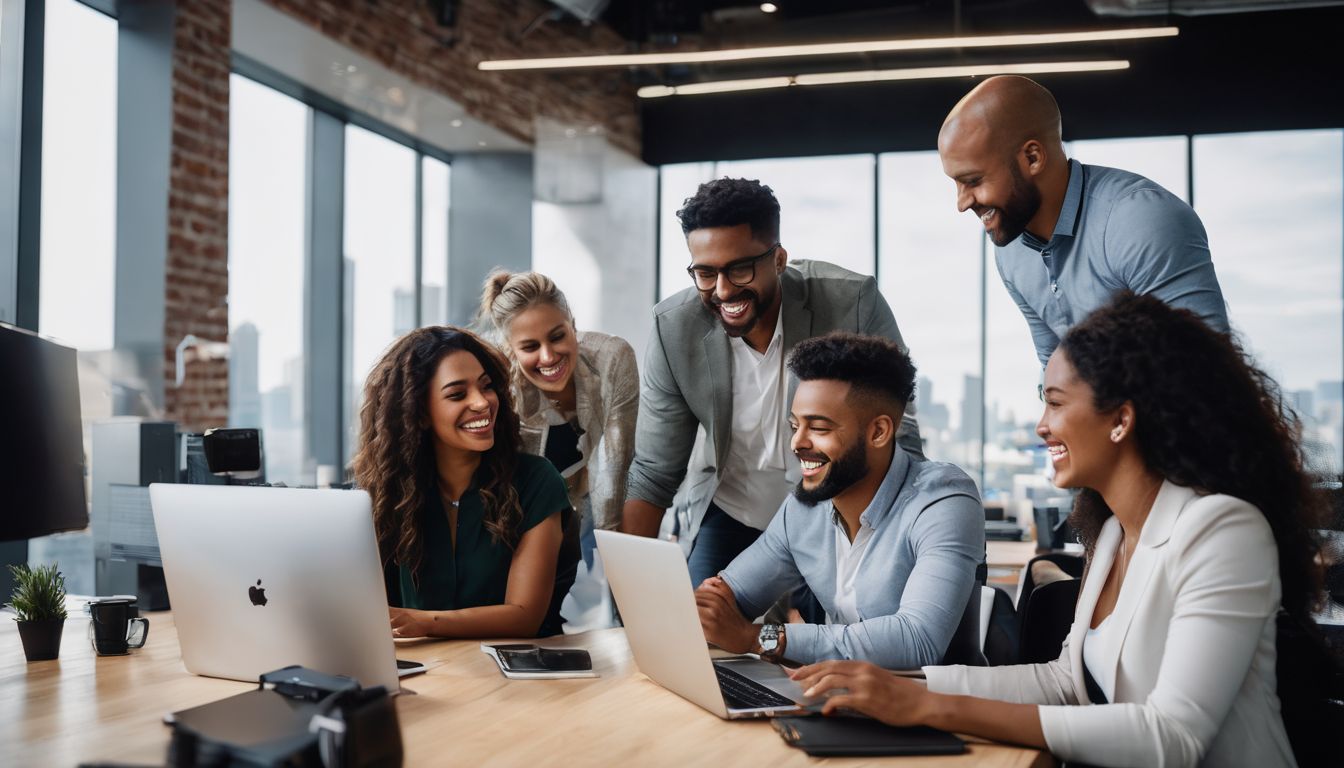 A diverse group of colleagues collaborate in a modern office space.