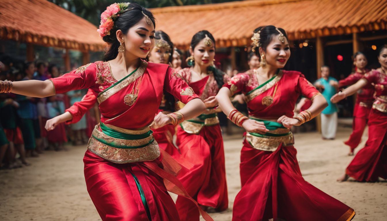 A group of South Asian individuals performing traditional Vietnamese dances in a cultural festival.