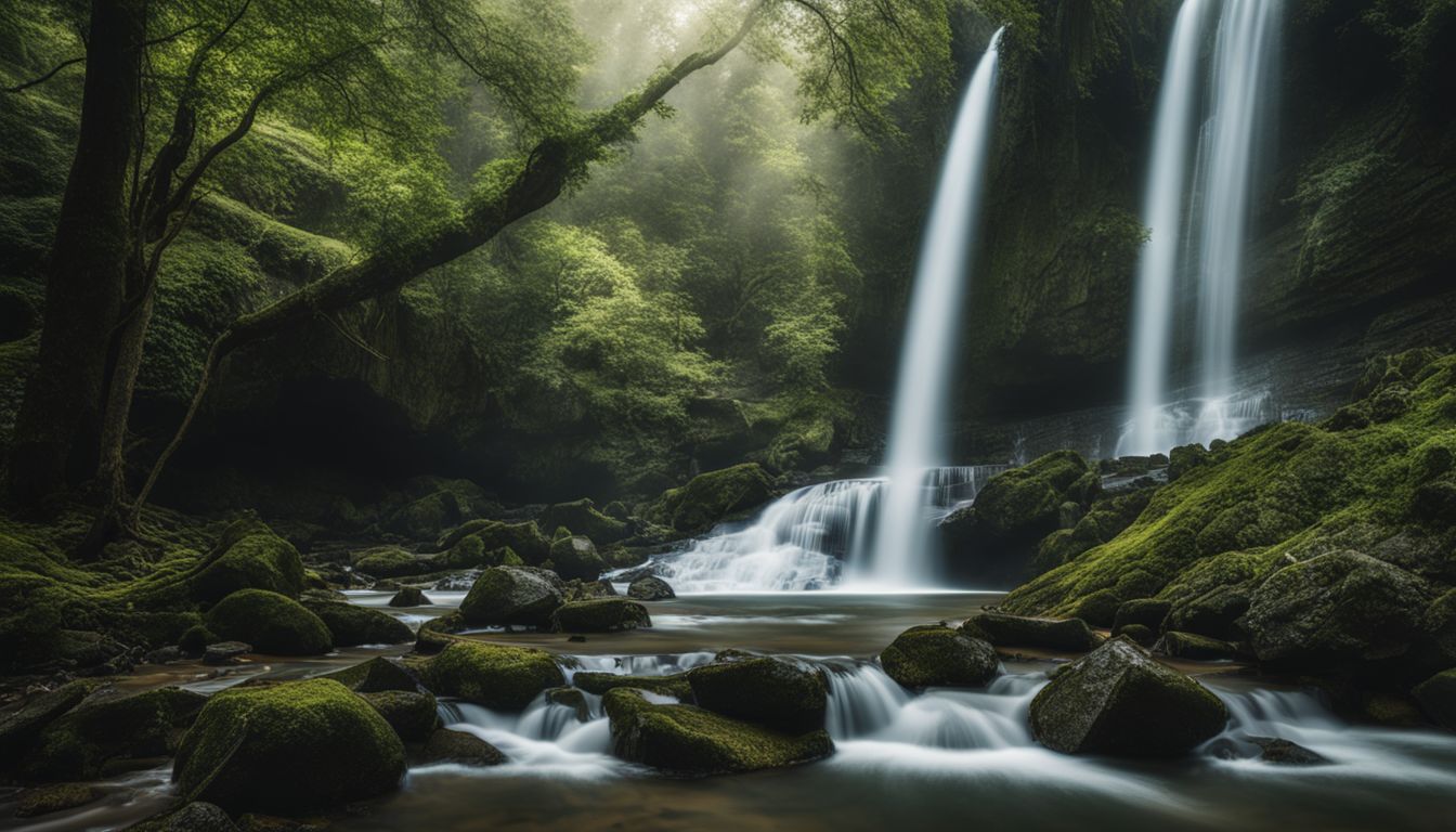 A stunning waterfall flowing through a lush green forest.