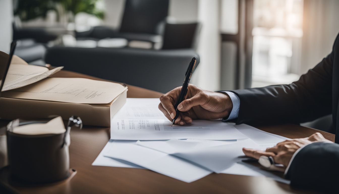 A real estate agent examining contracts in a busy office setting.