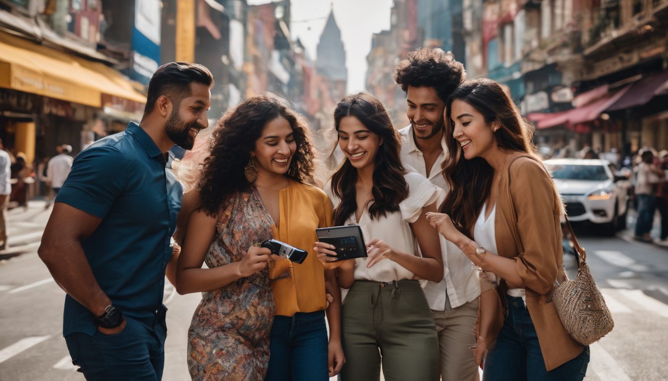 A diverse group of people enjoying an interactive social media campaign.