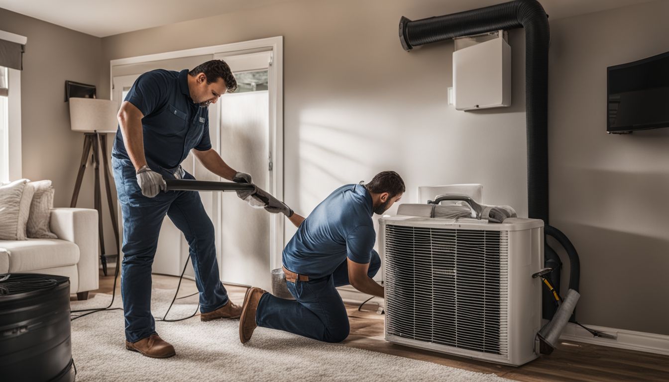 A homeowner changes an HVAC filter with a toolbox nearby.