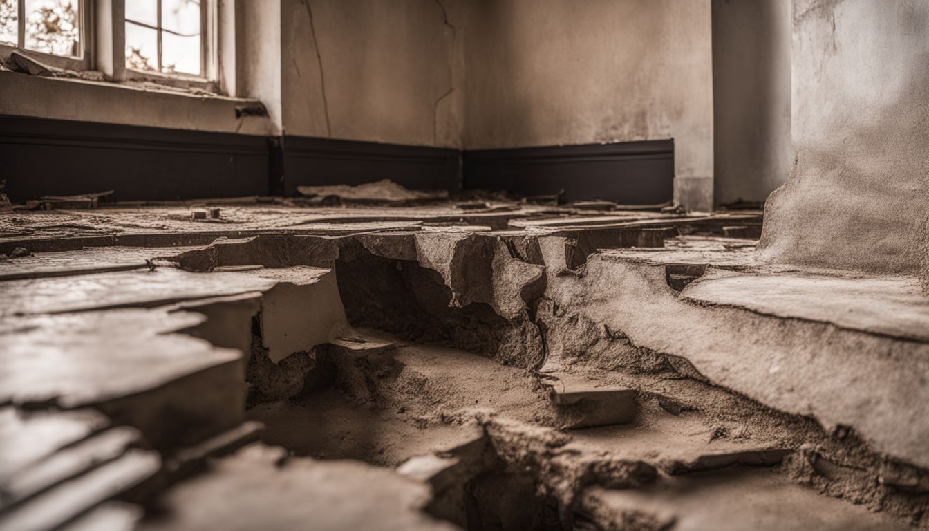 A cracked foundation in a residential home with visible water damage.