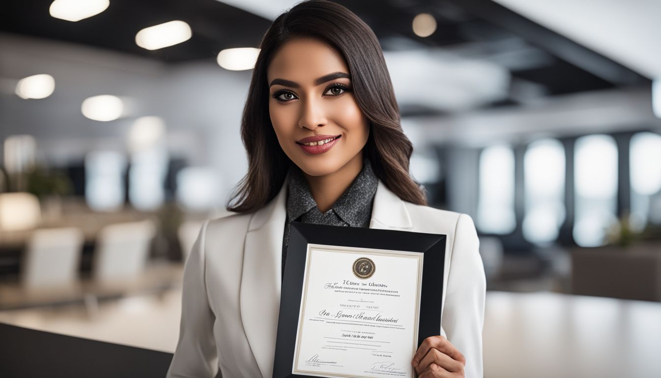 A confident woman holding a real estate license certificate.