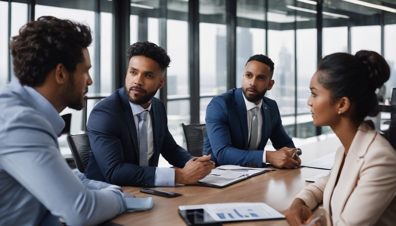 A group of diverse professionals engaged in lively discussion in an office.