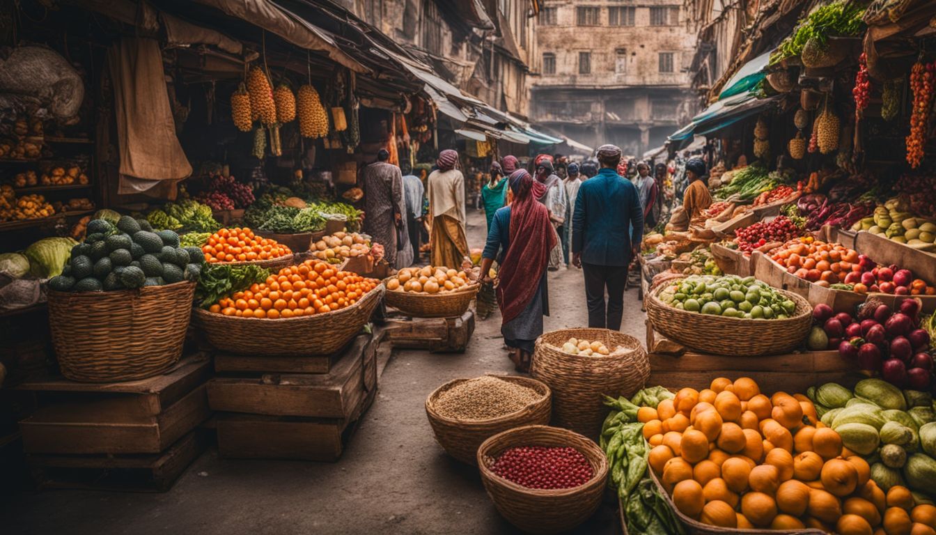 A vibrant marketplace filled with a variety of fruits and vegetables.