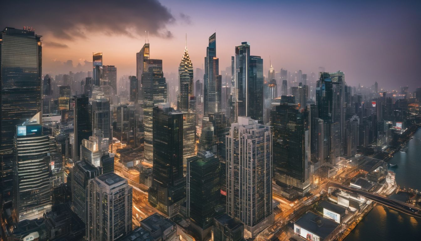 A bustling cityscape with skyscrapers and people networking in a coffee shop.