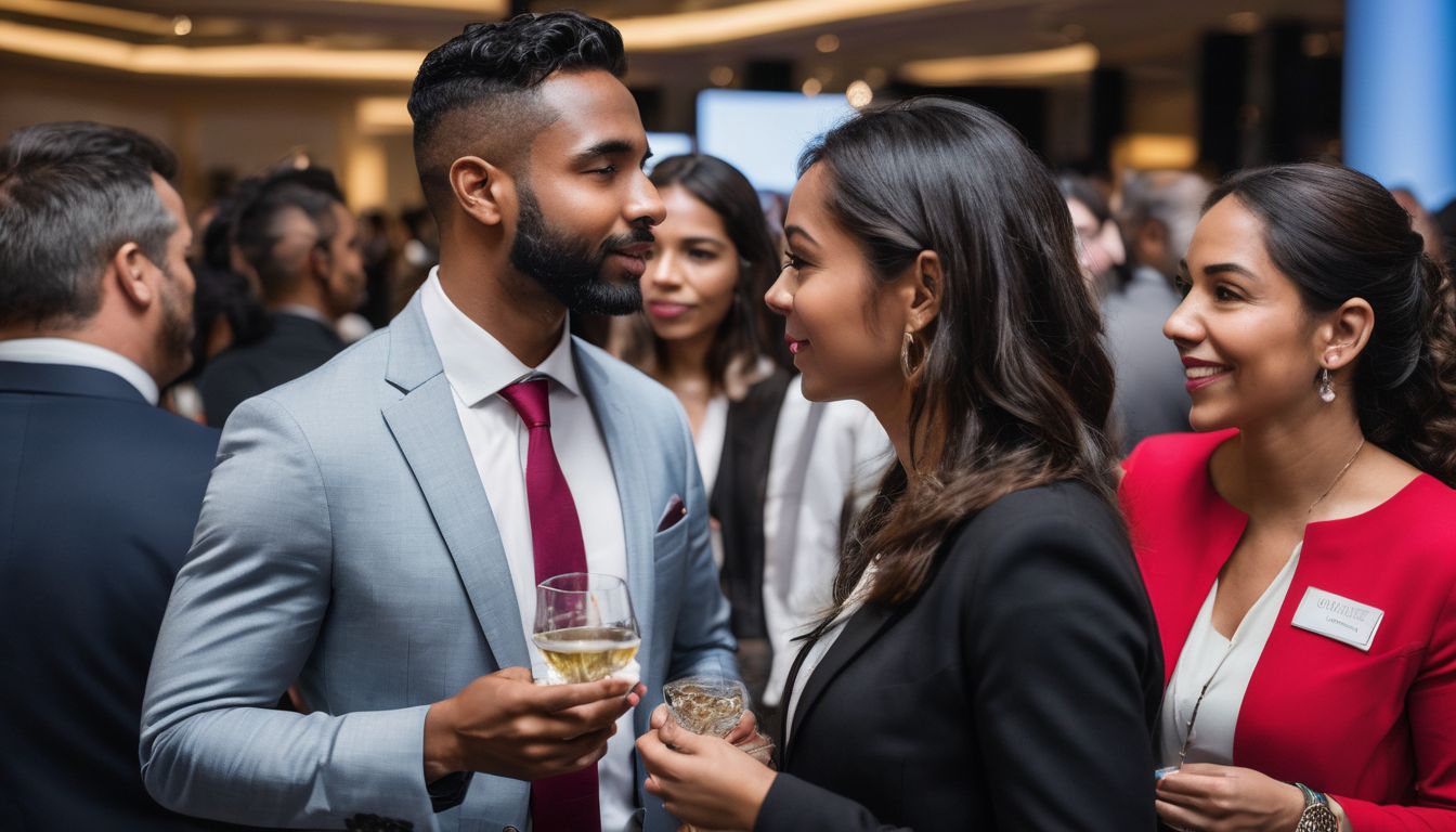 A diverse group of professionals networking at a real estate conference.