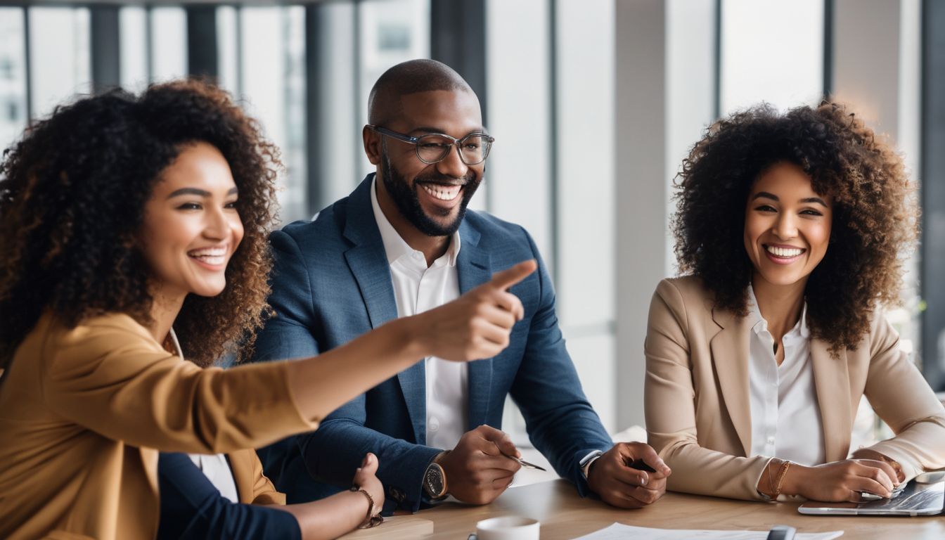 Diverse group of people excitedly promote a referral program in office.