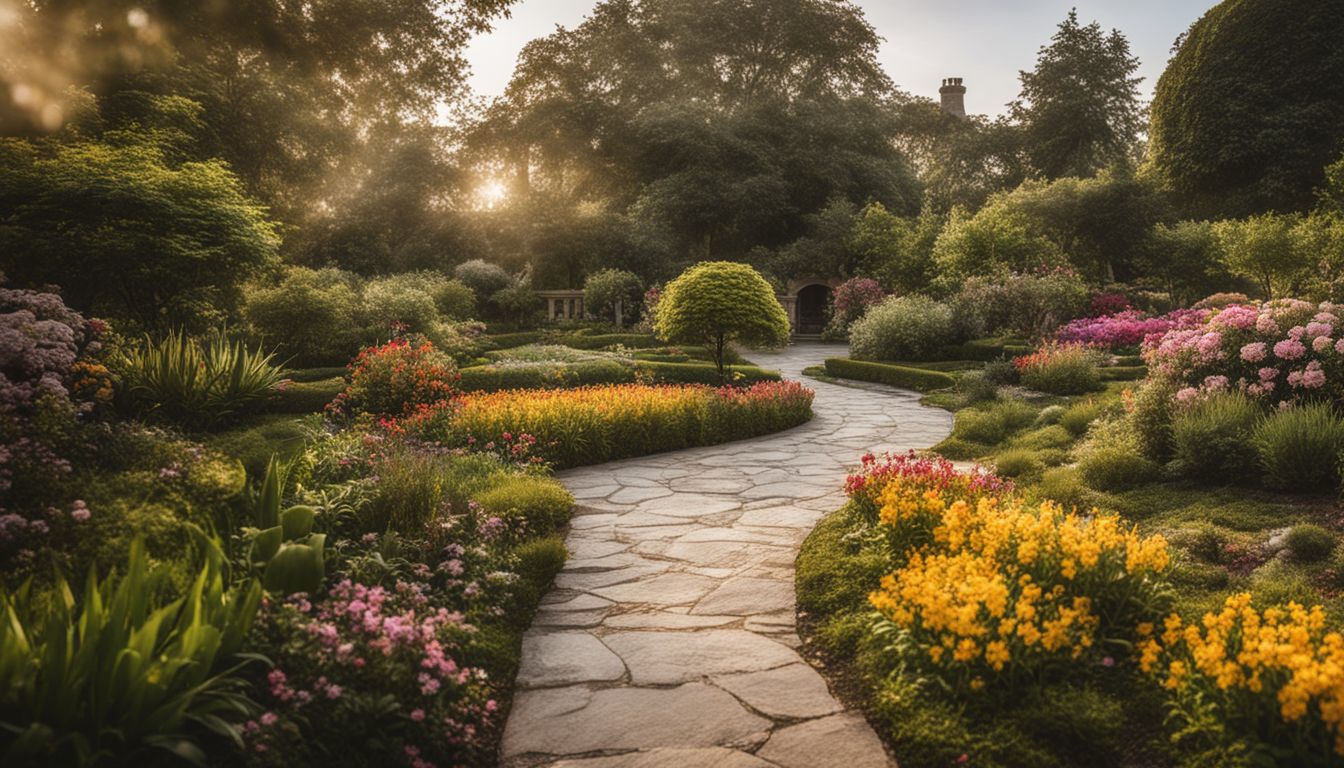 A vibrant garden with diverse people exploring in colorful attire.