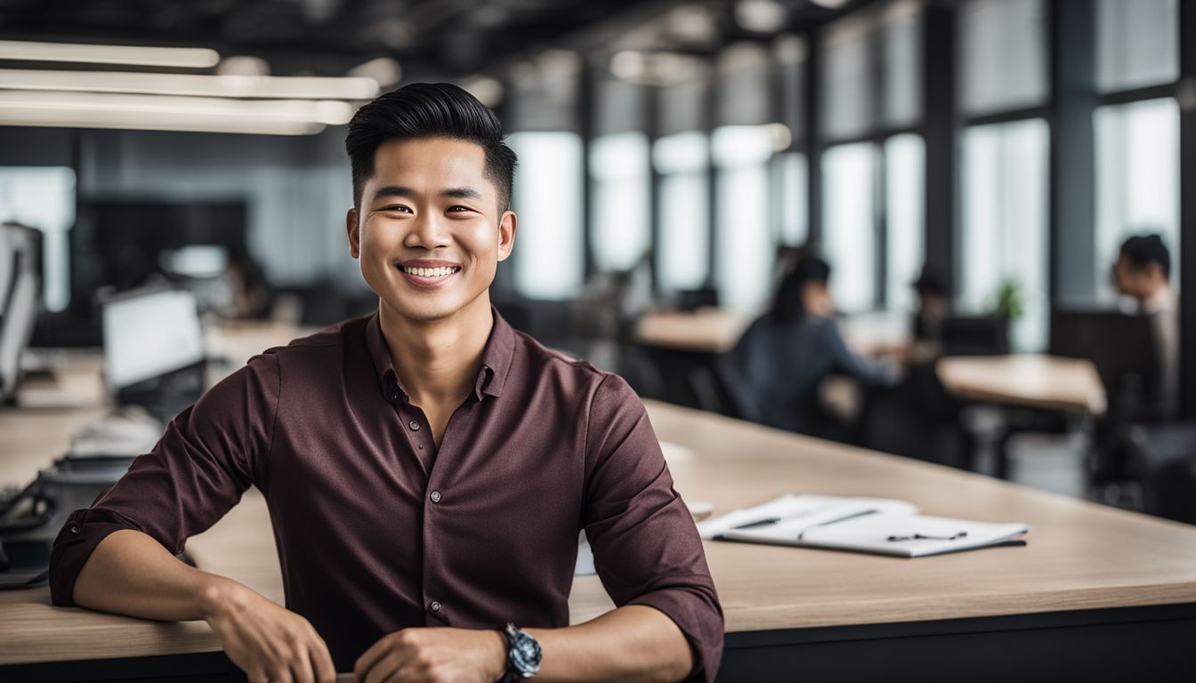 An entrepreneur in Vietnam confidently poses in a modern office.