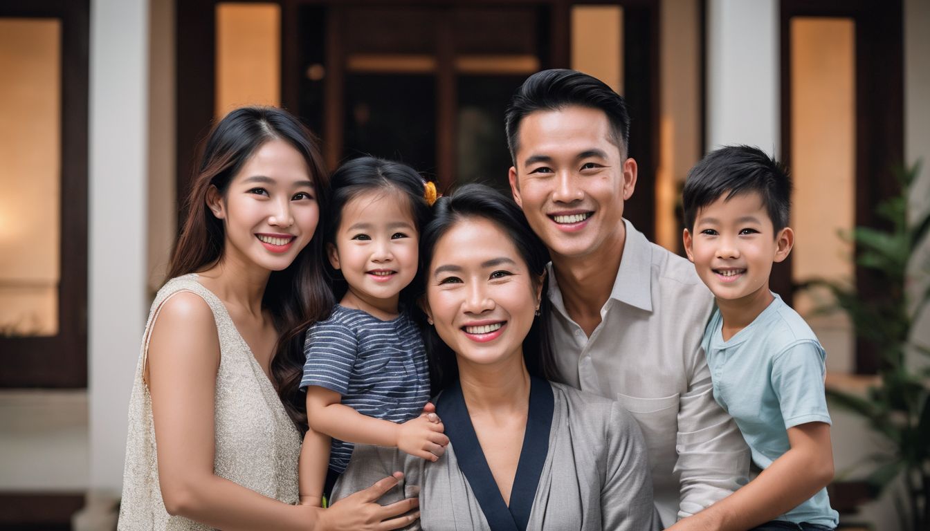 A Vietnamese family poses happily in front of their affordable new home.