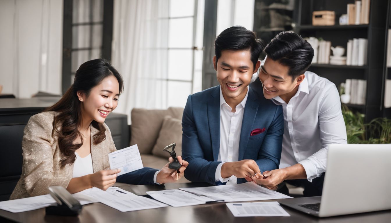 A Vietnamese couple excitedly receives keys to their first home.