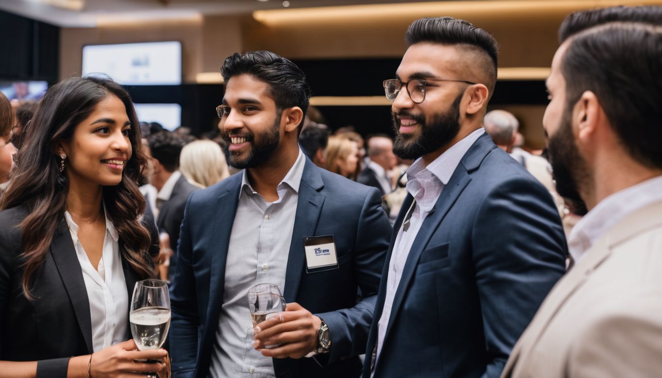 A diverse group of business professionals networking at a conference.