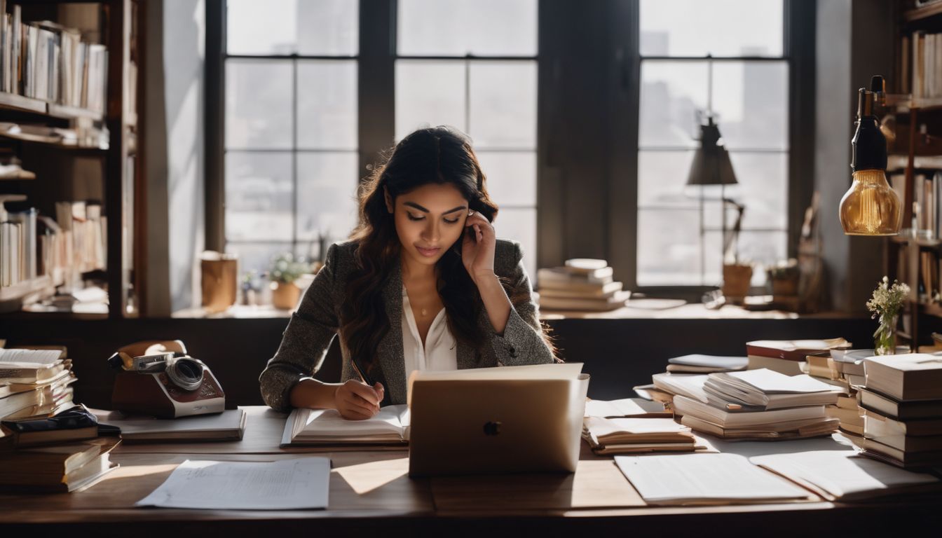 A person intensely studying real estate materials at a cluttered desk.