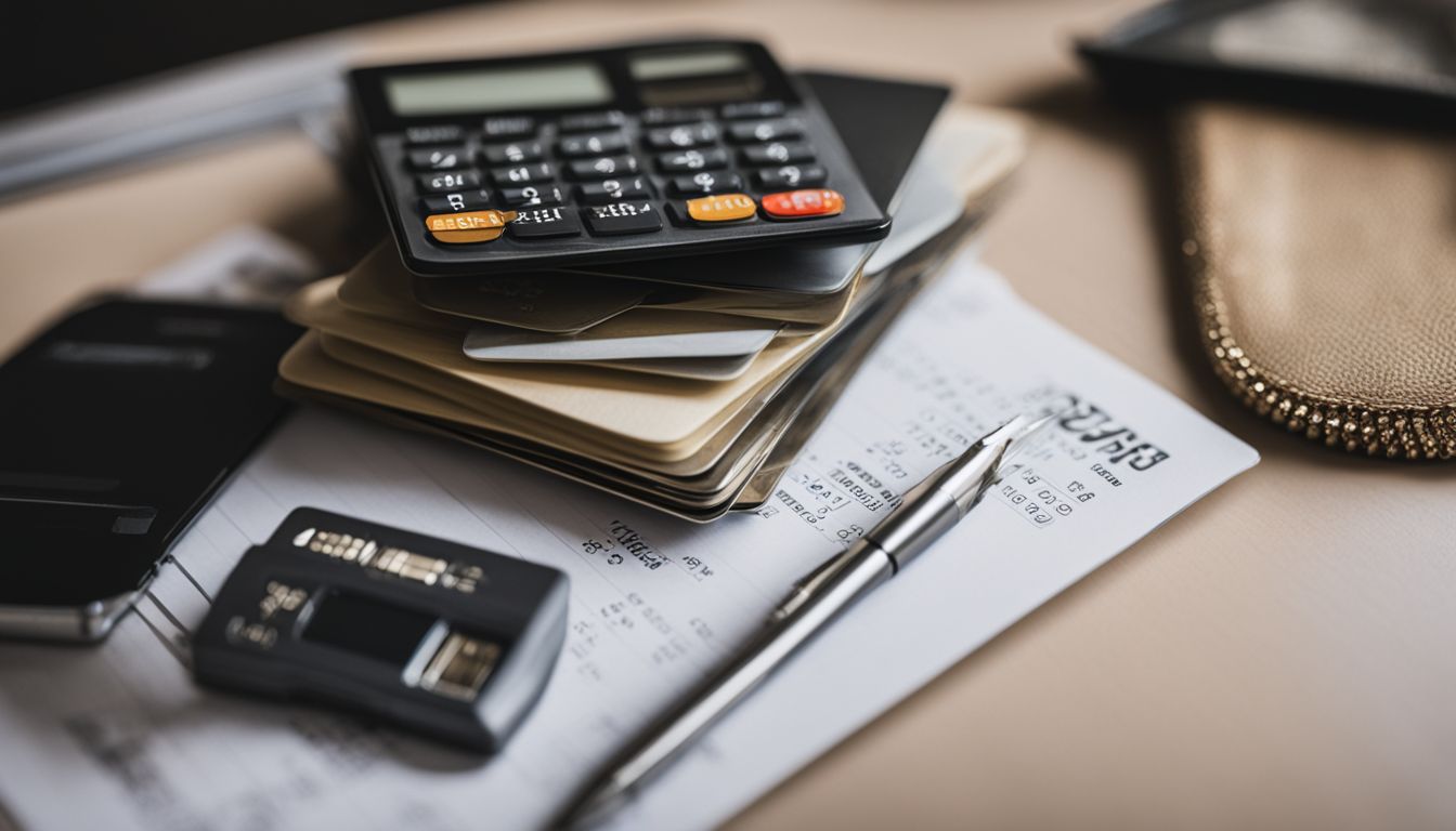 A stack of credit cards and a piggy bank on a table.