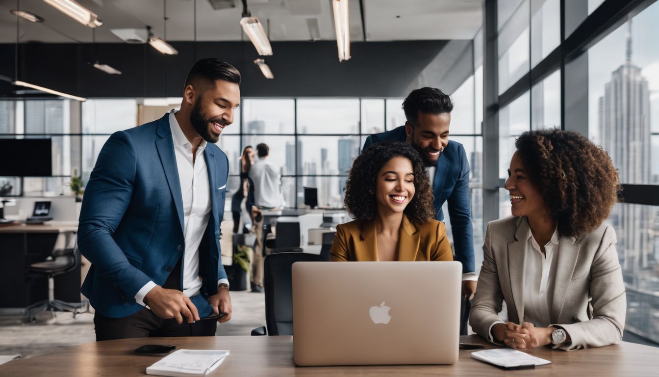 A diverse group of real estate agents collaborating in a modern office space.