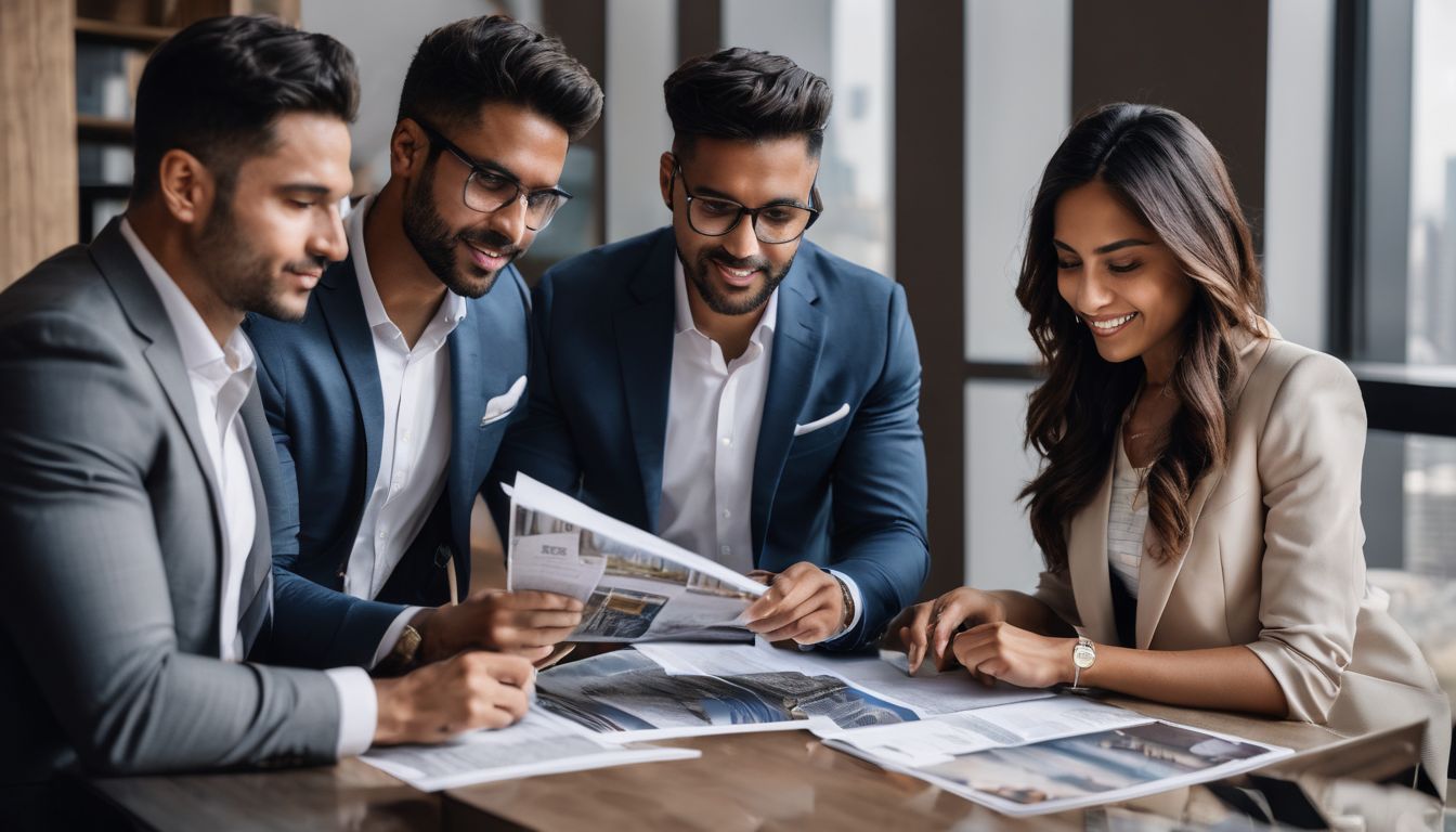 A diverse group of real estate agents reviewing promotional materials.