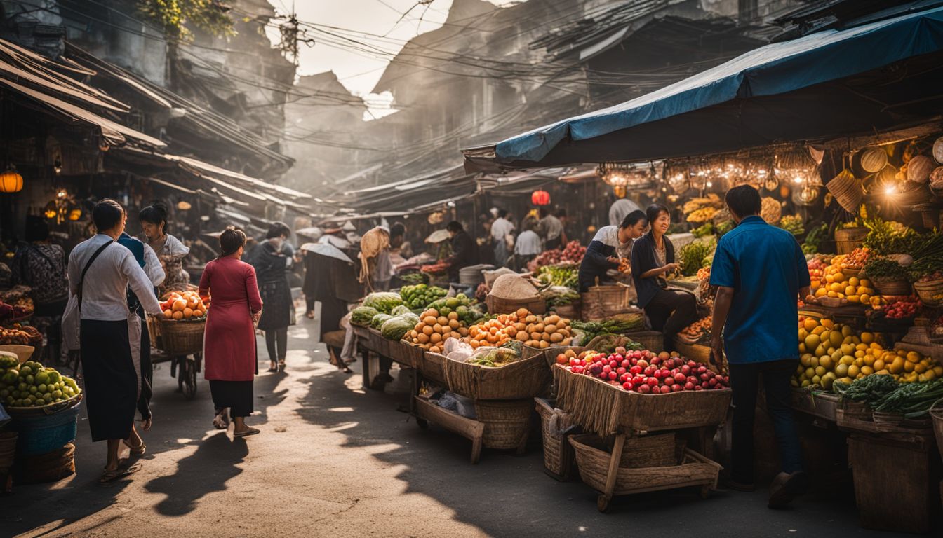 A lively Vietnamese market with a variety of colorful foods and people.