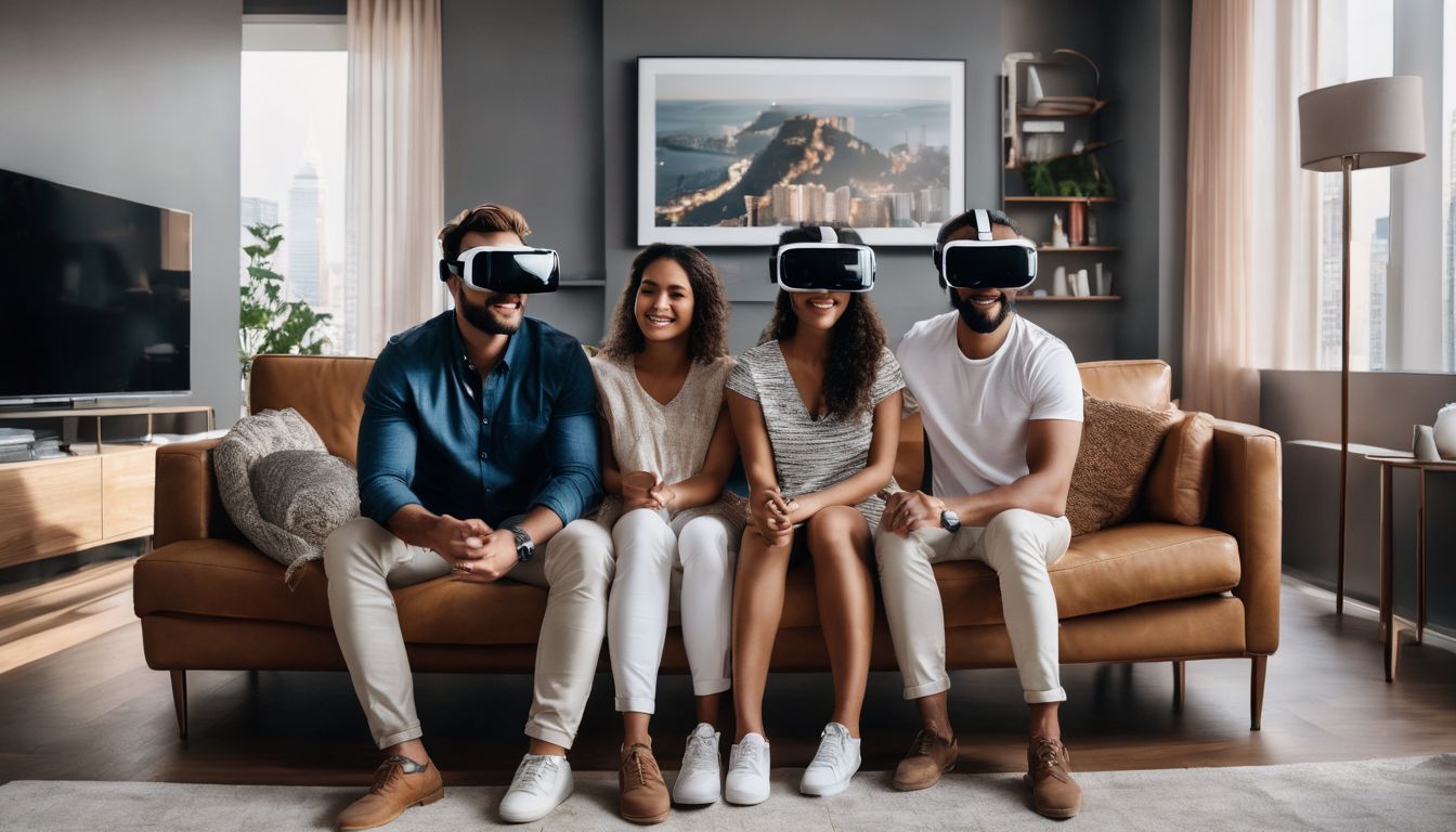 A diverse family enjoys virtual reality together in their modern living room.