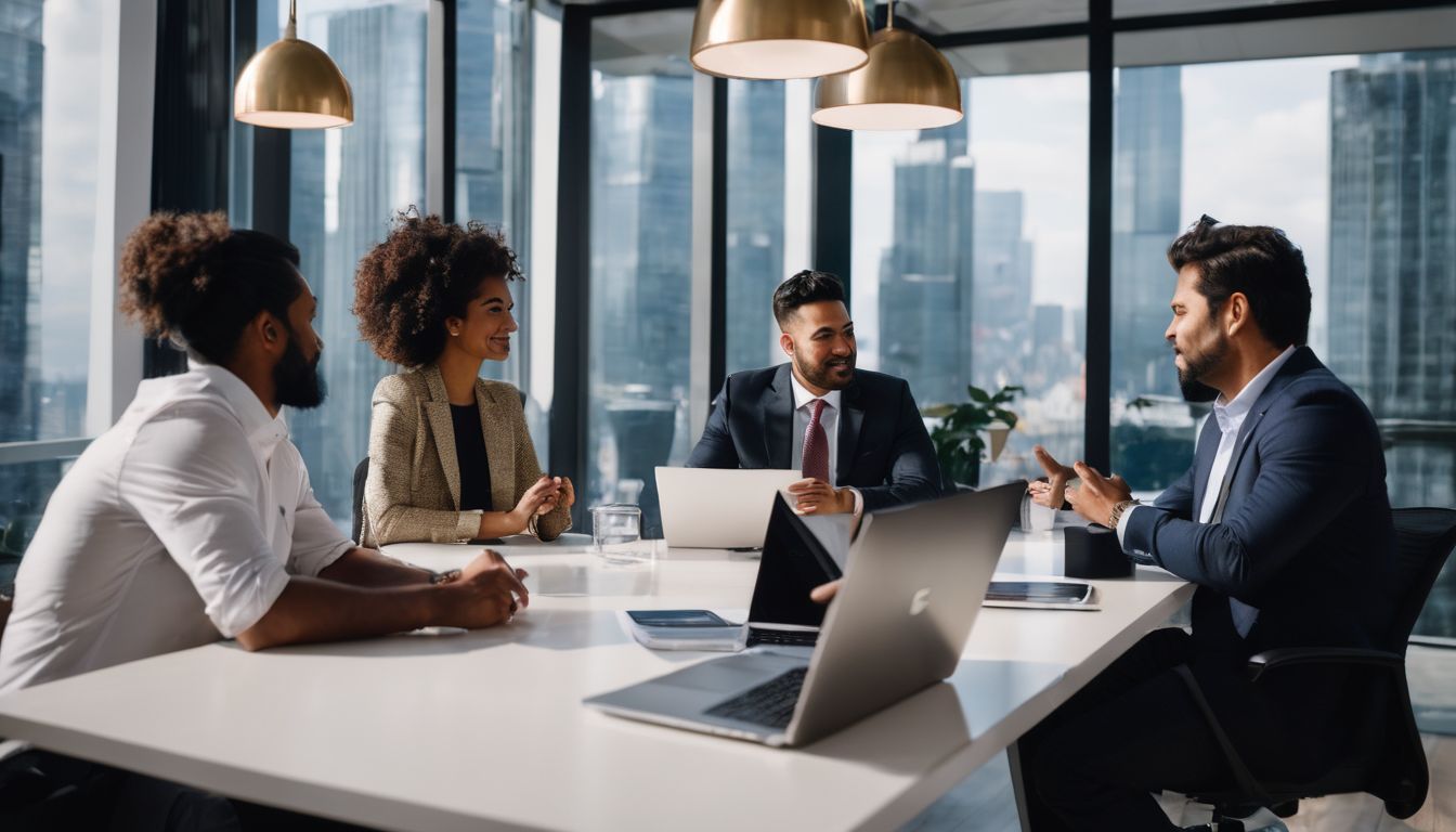 Group of diverse professionals discussing investment opportunities in modern office.