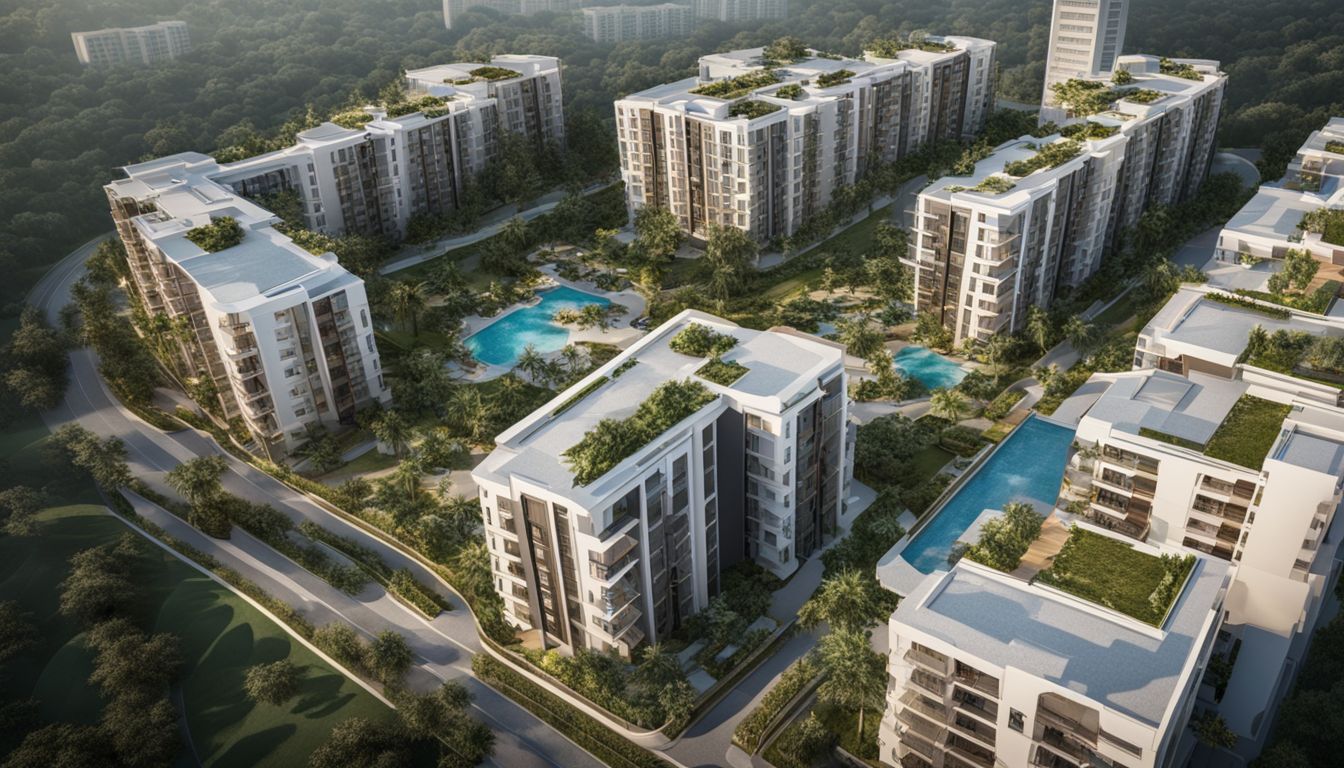 Aerial view of a new housing development surrounded by greenery.