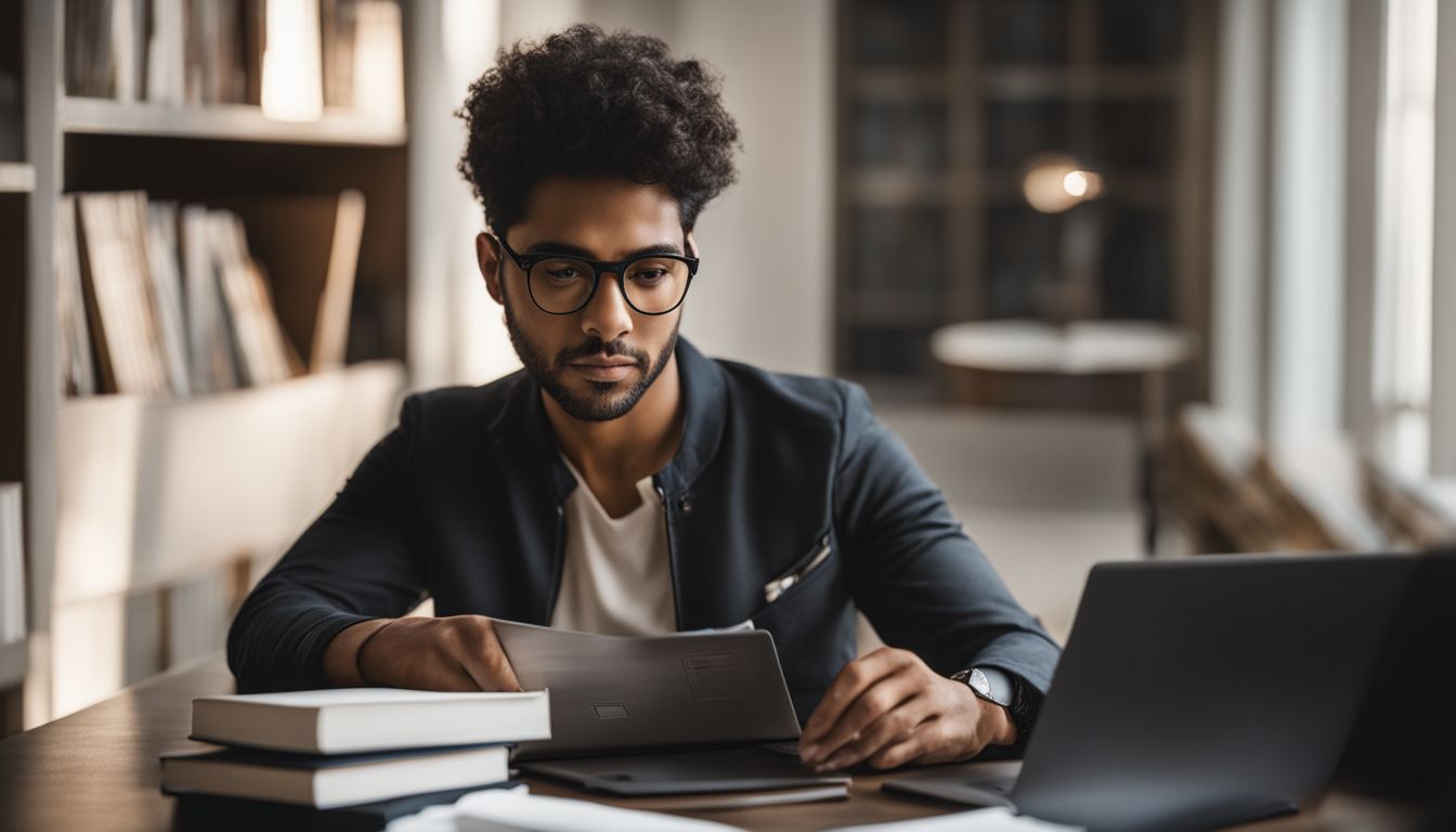 A person surrounded by real estate materials and studying with a laptop.