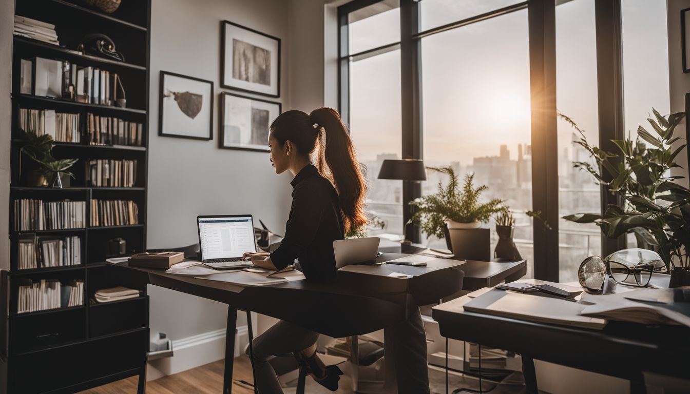 A young Vietnamese-American real estate agent studying in a modern home office.