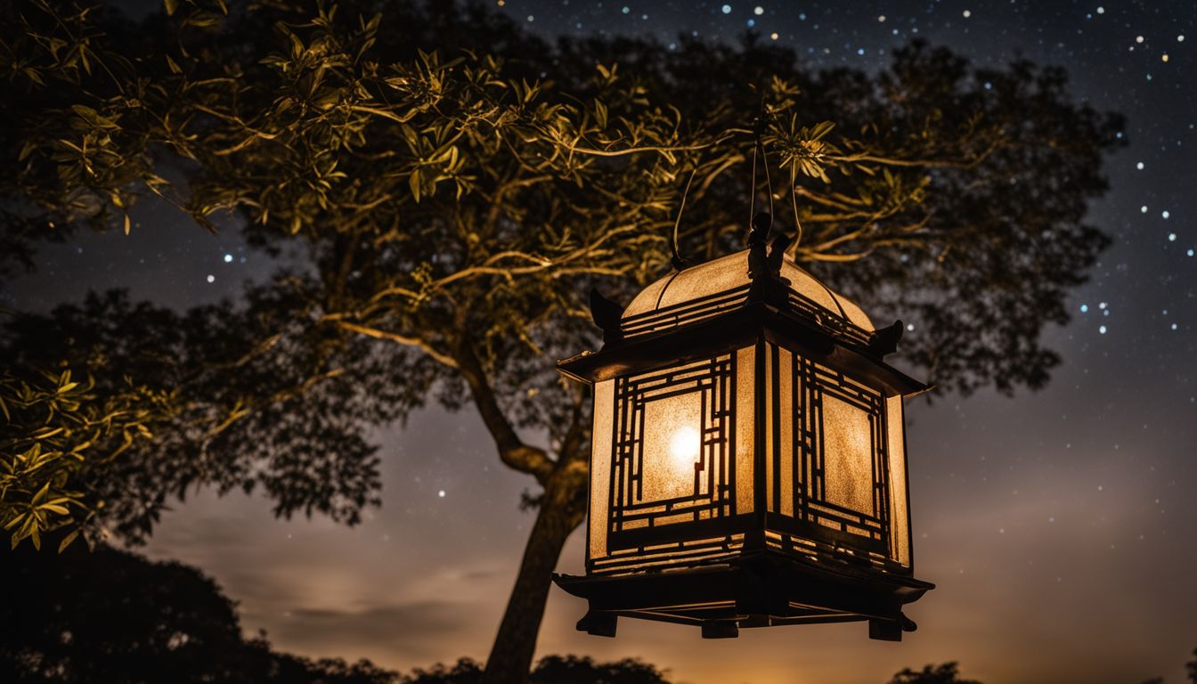 A traditional Vietnamese lantern hanging in a tree against a starry backdrop.